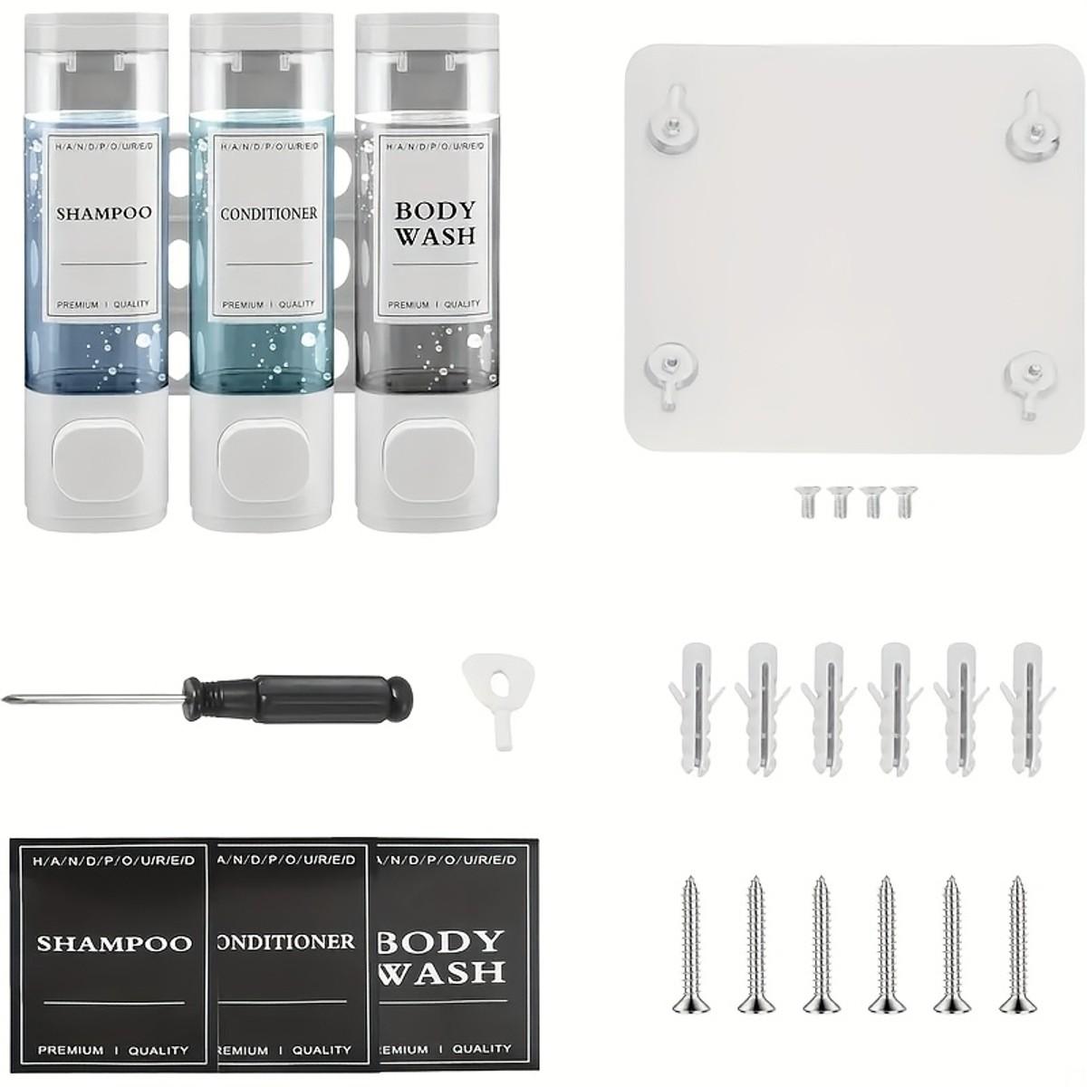 3-In-1 Square Shower Dispenser, Wall-Mounted Shampoo, Conditioner, Soap Dispenser, No Drilling, Bathroom & Hotel Use, Stylish Triple Organizer