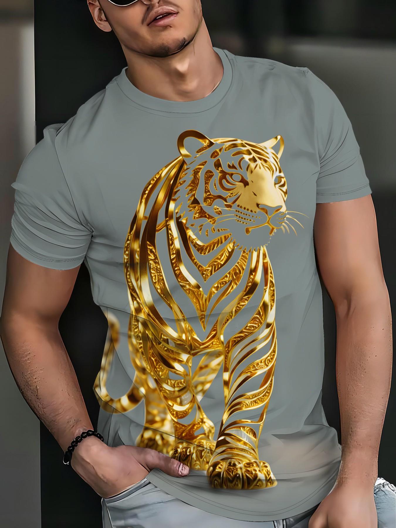 Summer Men's Sporty Short Sleeve T-Shirt, Quick-Dry Breathable Round Neck, Loose Fit, Golden Tiger Print, Casual Daily Wear, Multiple Colors Available