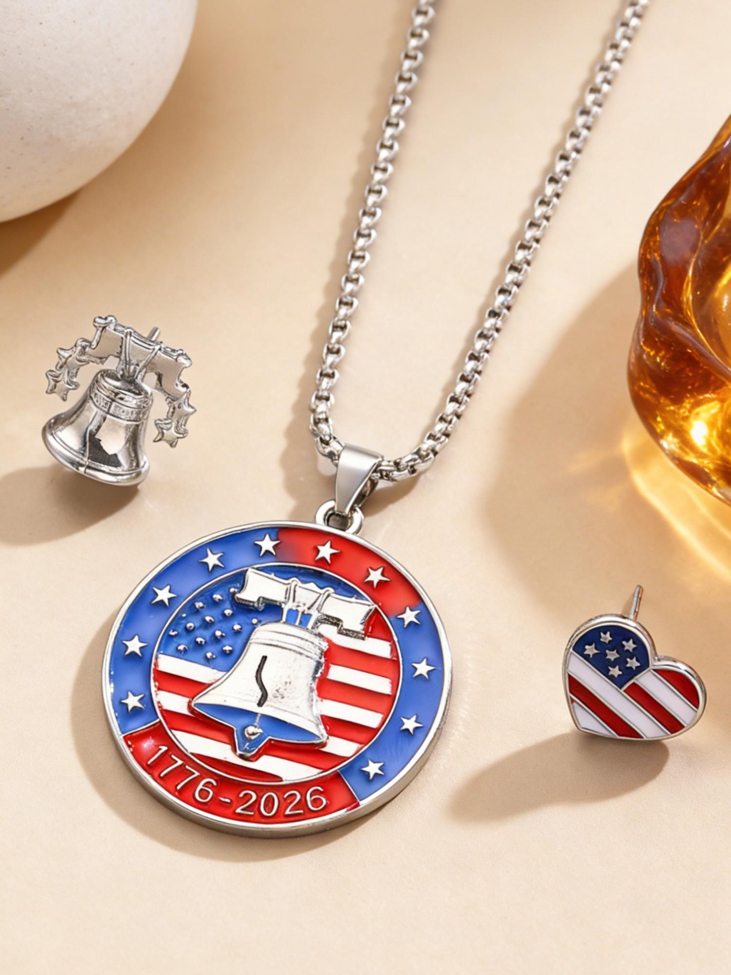 American 250th Anniversary Alloy Necklace, Liberty Bell Totem Pendant, Lockbone Chain, Sweater Chain Accessory, Unique Jewelry Gift