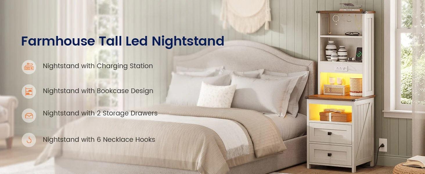 Sikaic Tall Nightstand with Charging Station and Bookshelf White Farmhouse Bedside End Side Table with Led, 2 Drawers, 6 Hooks and Storage Shelves for Bedroom