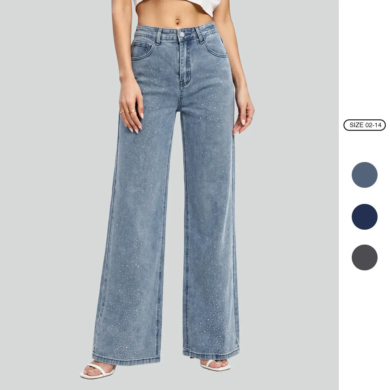 Imily Bela Women's Sparkling Hotfix Rhinestone Wide Leg Jeans, High Waist Loose Stretch Denim Pants, Fashion Casual Flared Trousers with Pockets