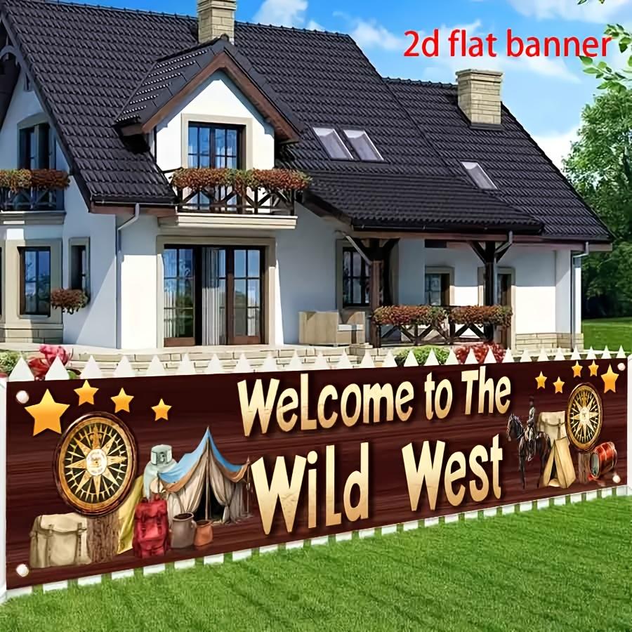 2DFlat1pc Western Cowboy Style Themed Banner Backdrop, With Vintage Wood Texture, Cowboy Tent & Compass Elements, Ideal for Western Themed Party, Cowboy Birthday, Camping Themed Event, Retro Tavern Decoration, Also as Wall Hanging or Photo Background,