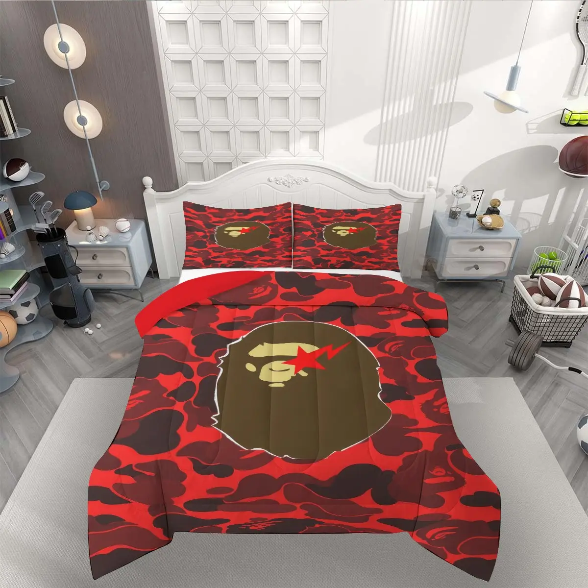 Bright Red Camouflage Monkey Head Red Star Print Comforter Set, 2/3 Pcs All‑Season Bedding Set with Pillowcases, Pillow Inserts Not Included, for Mens Teen Boys Bedroom, Streetwear Dorm, Hip Hop Fashion Home Decor
