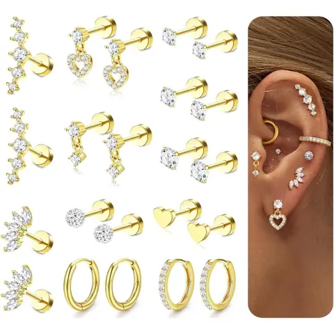 CASSIECA 11pairs Flat Back Earrings Stack for Women Cartilage Earrings Stacks 20G Surgical Stainless Steel Flatback Hypoallergenic Stud Hoop Earring Set Daith Conch Tragus Helix Piercing Jewelry Sohochic