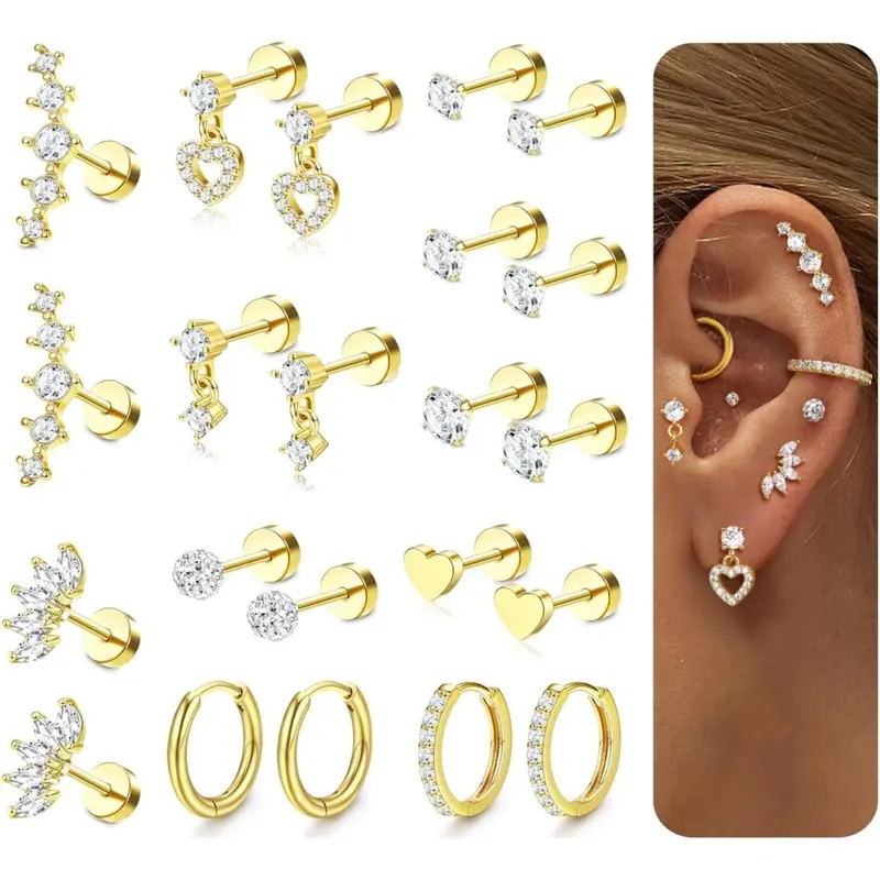 CASSIECA 11pairs Flat Back Earrings Stack for Women Cartilage Earrings Stacks 20G Surgical Stainless Steel Flatback Hypoallergenic Stud Hoop Earring Set Daith Conch Tragus Helix Piercing Jewelry Sohochic