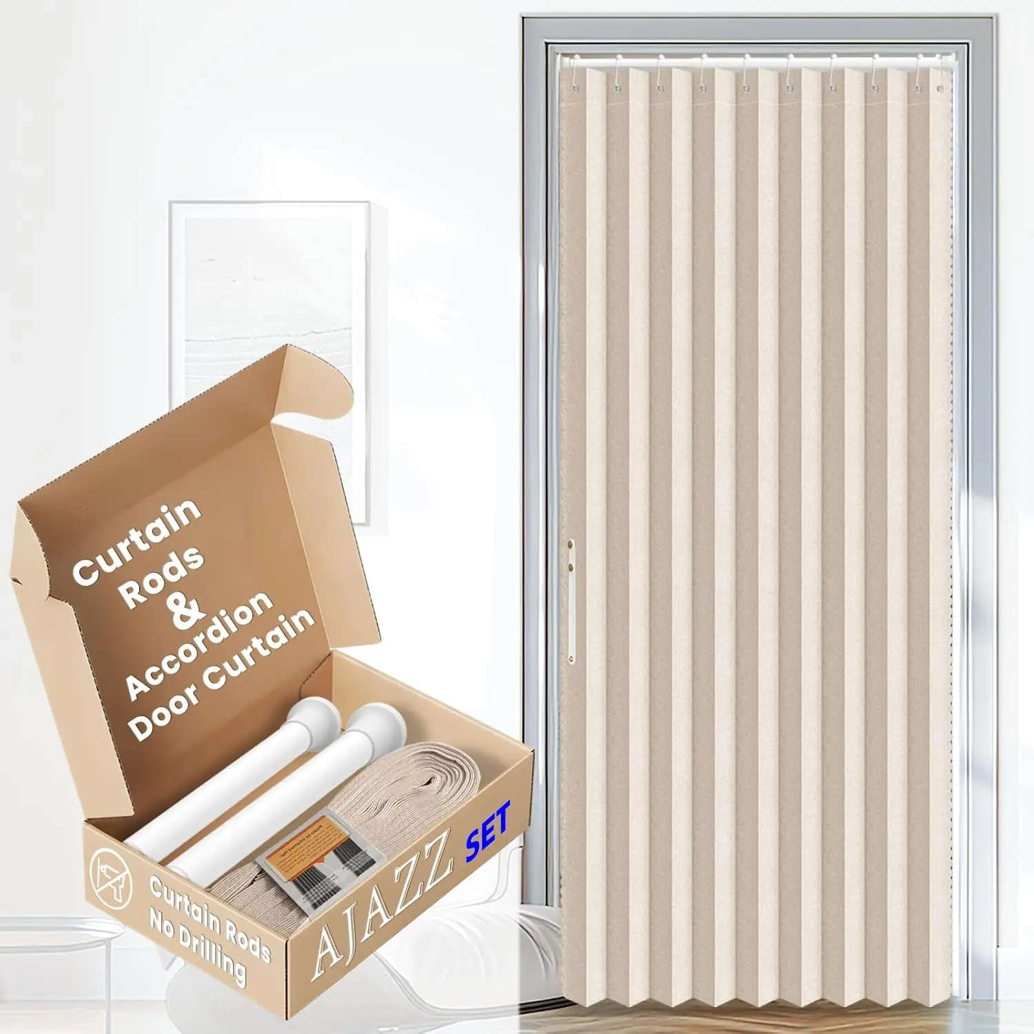 Set: Rods No Drilling (28-39" W) & Accordion Door, Beige 42W*78" L, Accordion Doors for Closet Doorway Room Divider