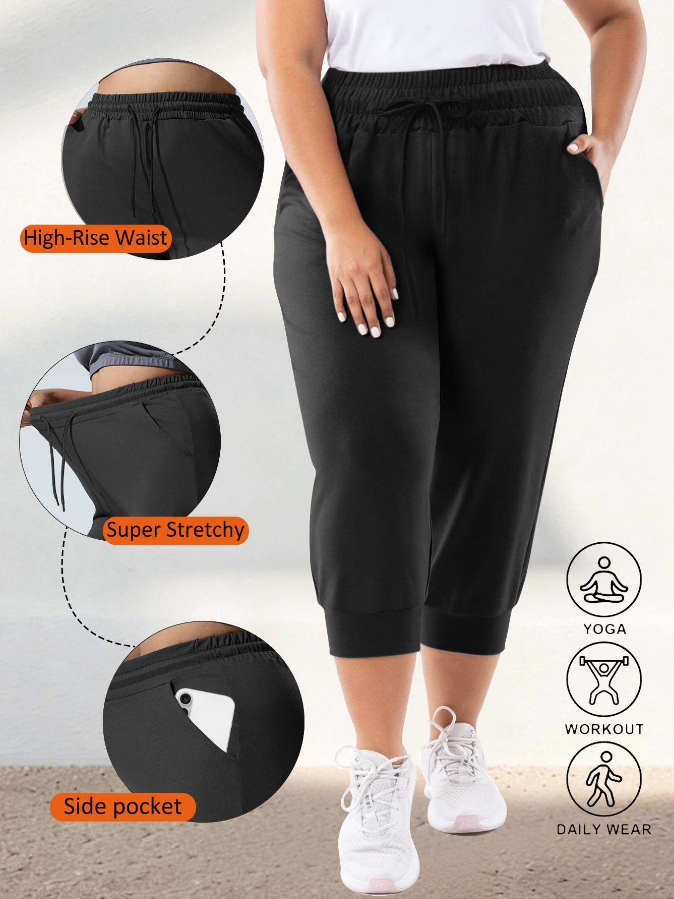 Women's Plus Size Capri Sport Pants with Pockets, High Elasticity, Adjustable Drawstring, Soft Casual Fit, Comfortable and Stylish