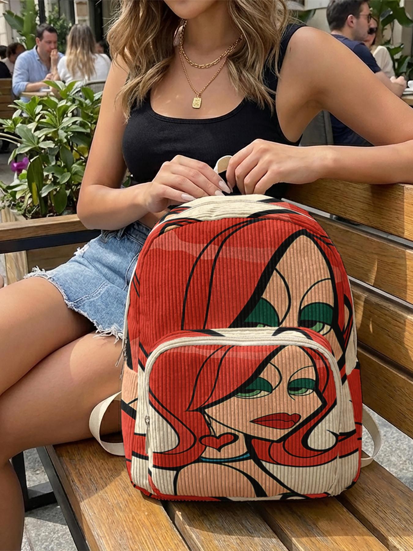 1 piece of 2D printed lady's backpack with red-haired character pattern, chenille texture + layered storage + lightweight and easy to carry|Perfect for students to go to class/shopping/short trips|Combines atmosphere with practicality