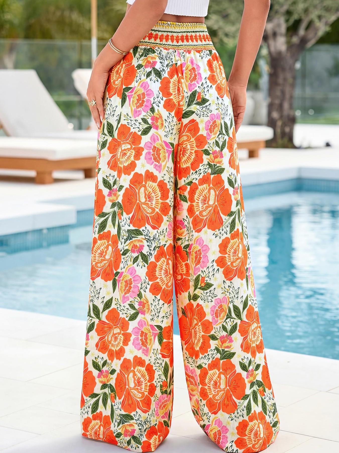 New Summer Bohemian Casual Comfortable High-Waisted Elastic Loose Wide-Leg Bottom Pants, Printed Floral Long Trouser Pants for Women, Essential for Daily and Vacation Wear