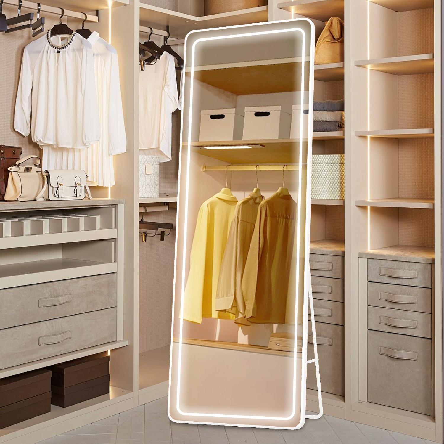 Full Length LED Vanity Mirror with Stand, Dimmable 3 Color Lighting, Wall Mount or Floor Use Aluminum Alloy Frame Durable Glass Mirror with Switch for Bedroom Living Room Decor Standing