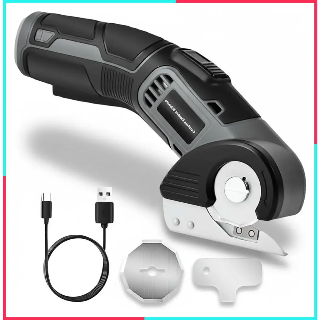 4V Cordless Electric Scissors – Lightweight Rotary Cutter with 2 Blades, USB Charging & Safety Lock for Cardboard, Fabric, Leather, Carpet, Plastic, Rope Cutting, Home DIY Craft Use