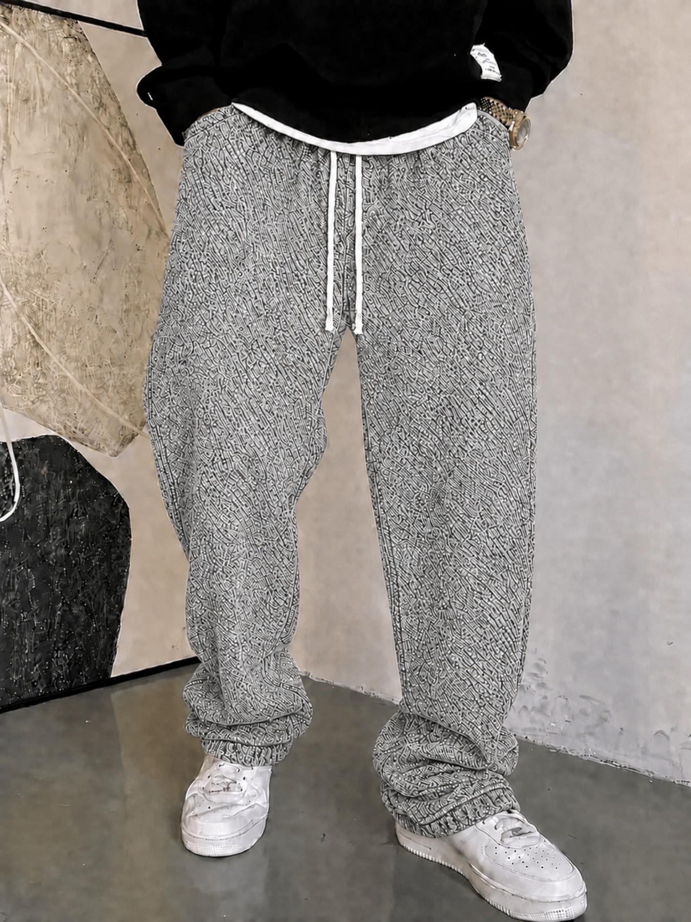Men’s Burgundy Baggy Jeans with Allover Jacquard Pattern and Sparkling Rhinestone Details, Drawstring Wide Leg Streetwear Pants