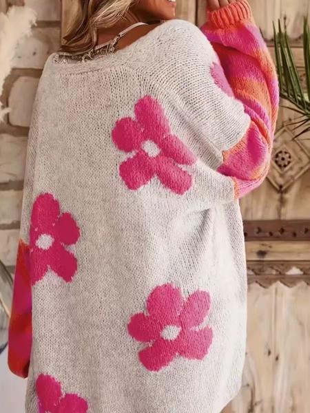 Women's Floral Jacquard Cardigan, Button Front Open-Front Sweater Coat, Casual Fashion Outerwear for Spring & Fall Seasons, Lightweight Knit Sweater