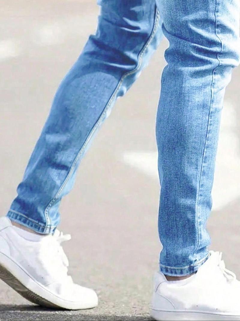 Big & Tall Men's Street-Style Light Blue Ripped Slim-Fit Jeans. Classic fit combined with simple street-style rips, offering casual yet fashionable vibes, perfect for men's daily wear and casual outings.