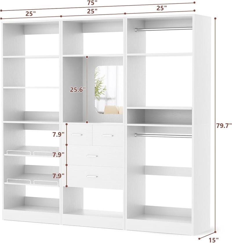 Cyclysio 75” Closet System with Shoe Rack and Hanging Rods, Modern Walk-in Closet Organization Wardrobe with Wooden Drawers and Mirror and Shelves