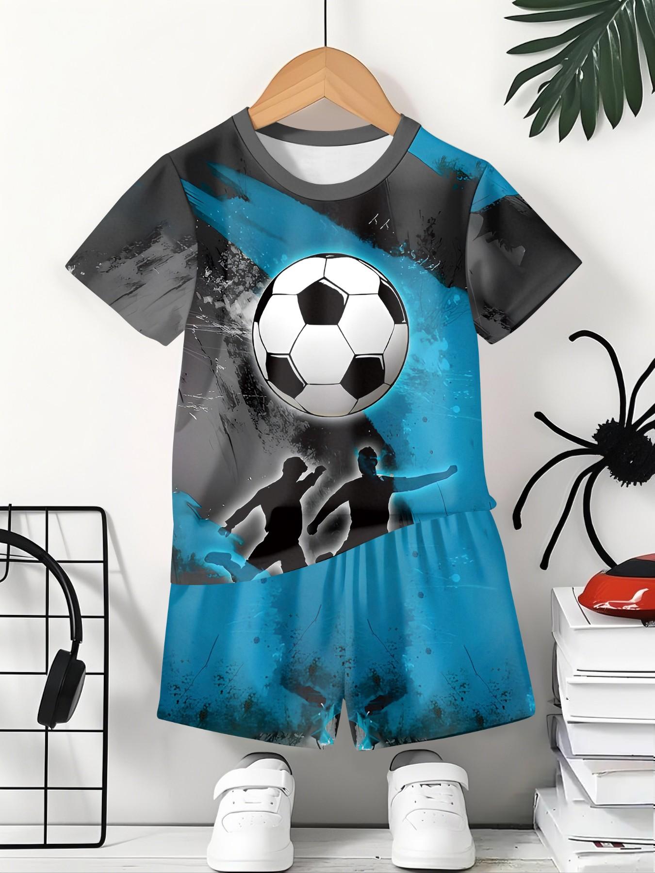 Ink-style short-sleeve and shorts two-piece set for football players, 100% polyester casual loose-fit set, summer fun printed pattern, outdoor sports T-shirt set, perfect gift for boys