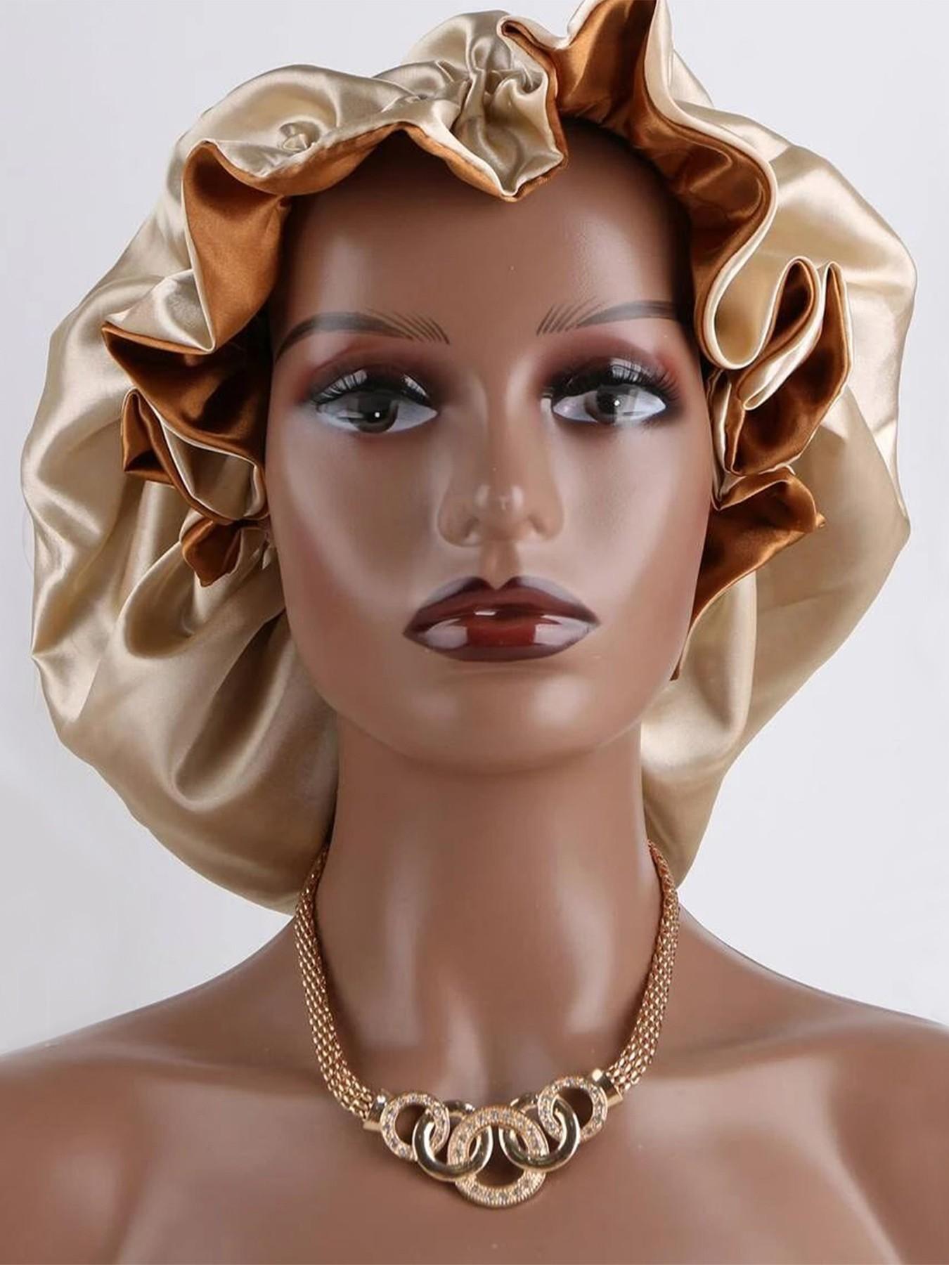 Women's Bonnet Two-Layer Pure Color Wave Edge Elastic Silk Smooth Satin Fashion Sleep Cap, Comfortable Soft Breathable Hair Care Hat, Sleeping Bonnet