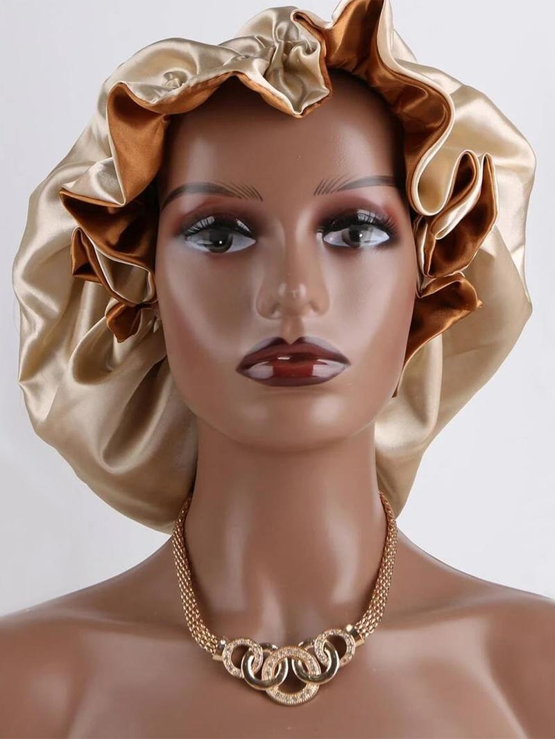 Women's Bonnet Two-Layer Pure Color Wave Edge Elastic Silk Smooth Satin Fashion Sleep Cap, Comfortable Soft Breathable Hair Care Hat, Sleeping Bonnet