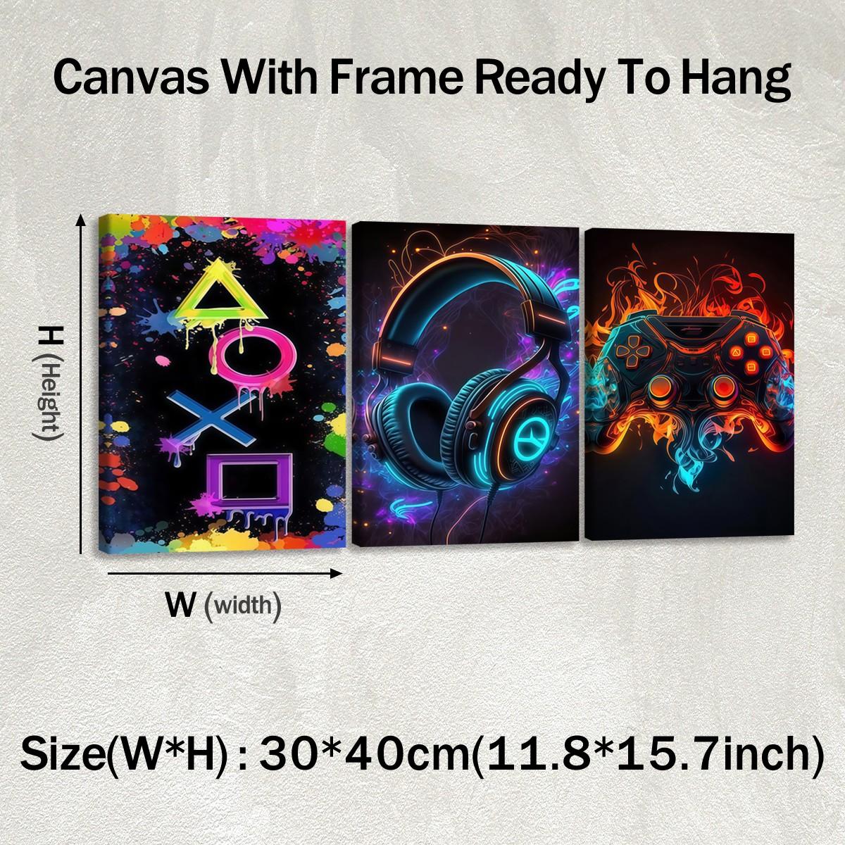 3-count wooden frame canvas, neon ink-wash game buttons, headphone controllers, e-sports triple poster, fashionable art, modern art, home decoration painting, Framed Home Decor, exquisite living room, bedroom and office wall art, waterproof art