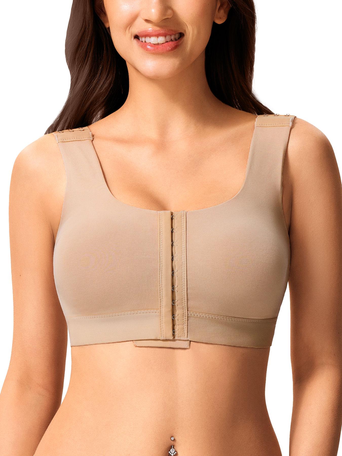 Post-Surgery Bra with Front Closure, Adjustable Straps, Seamless Cup, Soft Bottom Edge, Easy Wear and Remove, Square Neck Design, Medium