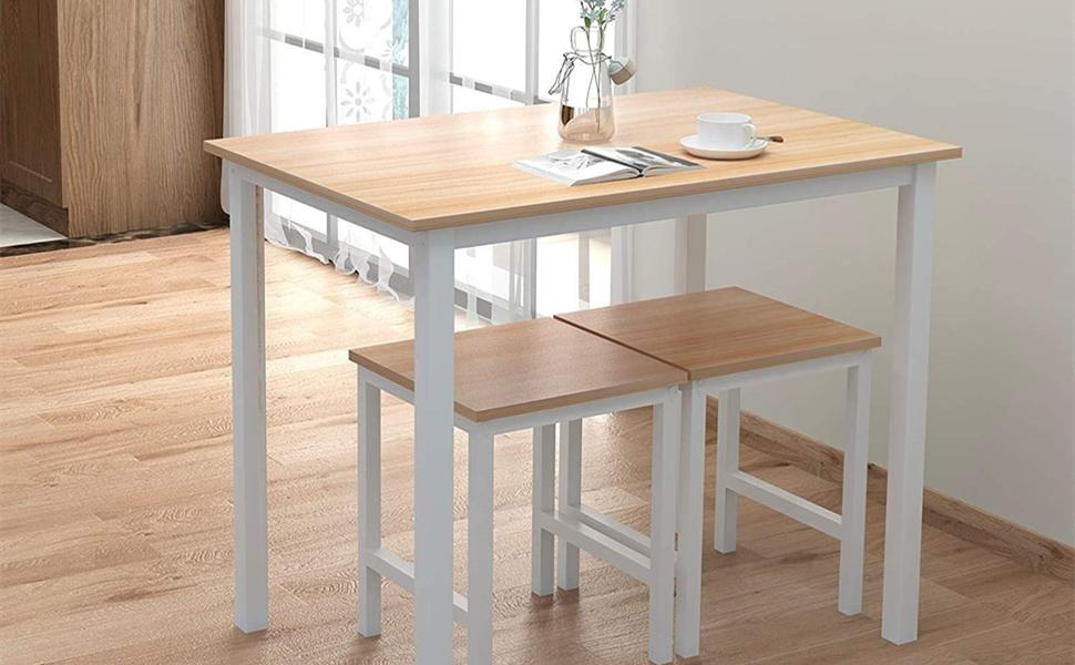 Hooseng 3-Piece Small Dining Table Set | Bistro Table with 2 Nesting Stools | Faux Wooden Top & White Metal Frame | Easy Assembly & All Tools Included | Compact Set for Small Spaces, Kitchen Nooks & Apartments