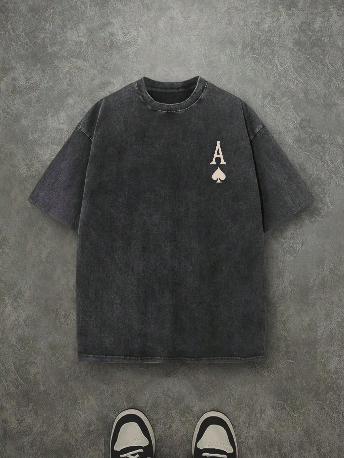 Vintage Washed Loose Fit T-Shirt, Both Sides Ace Print Short Sleeve, Y2K Retro Street Style, Lucky Poker Casual Top, Unisex