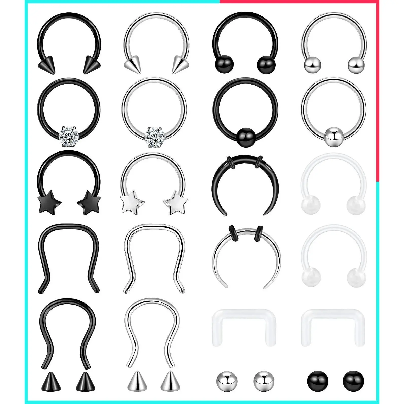 20-30 Pcs 16G Surgical Steel Septum Rings & Nose Hoops Piercing Jewelry Set - Horseshoe, Helix, Daith, Smiley, Tragus, Lip Rings, Hinged Seamless for Women Men