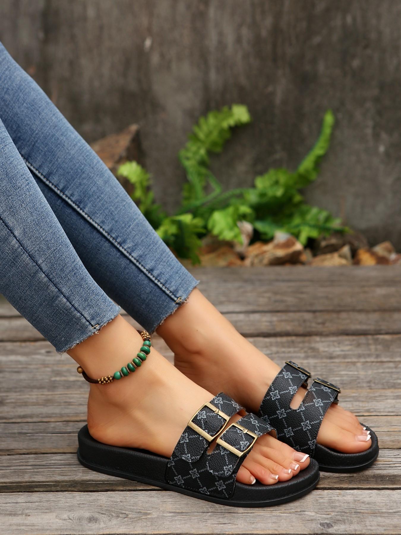 Women's Fashionable Double Buckle Decorated Slippers, Casual Comfortable Slides, Durable Soft Slippers for Daily Wear, Walking Shoes, House Slides