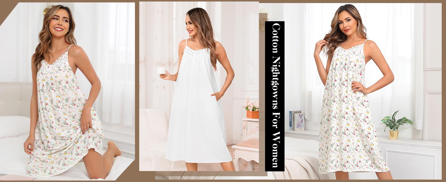 SWOMOG Women's Nightgown Sleeveless Lace Nightdress Adjustable Strap Sleepshirt V Neck Print Nightwear with Pocket S-3XL Loungewear Womenswear Bag Elegant Pajama Casual Party Style Rayon