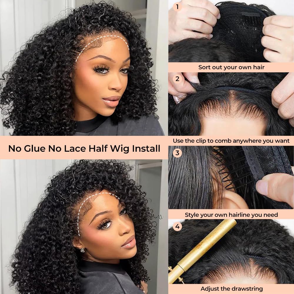 [3 In 1 Half Wig] Kinky Curly Half Wig Human Hair Beginners Friendly 180% Density Machine Made Burmese Curly Half Wig and V Part Wigs For Women Natural Color