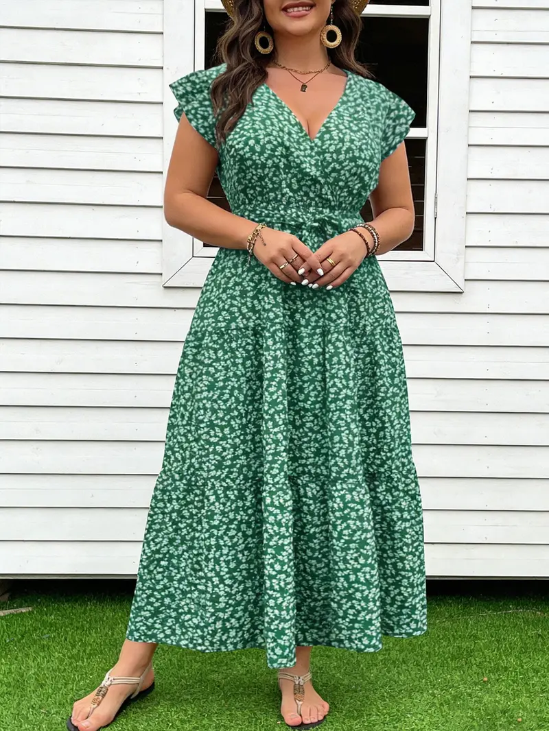 Plus Size Bohemian Style Dresses Dark Green Ditsy Floral Wrap Fitted Midi Dress