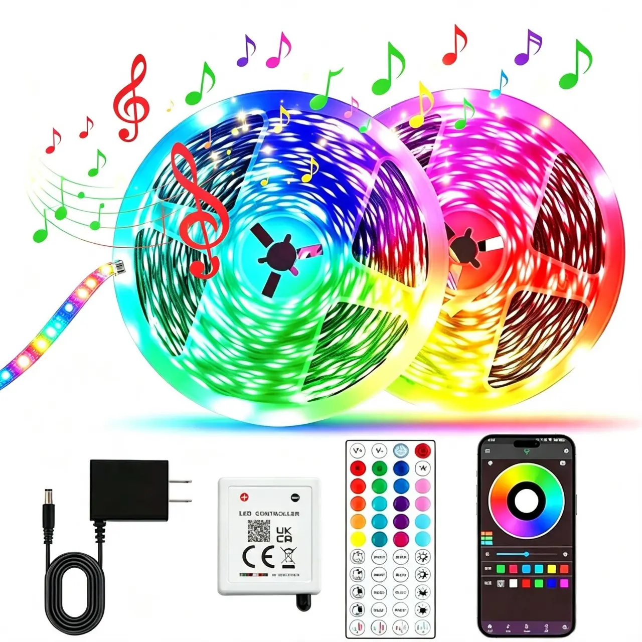 2 Pack of 50FT Smart Led Strip Light, Totally 100FT Light Strip RGB Color Changing Time Setting Music Sync Strip Lights with both App and Remote Control for Bedroom Indoor Lighting Decoration, for Christmas Gifts