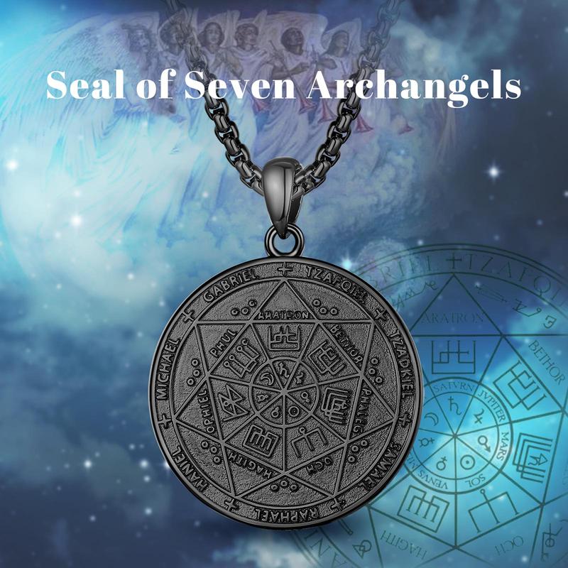 Antique Seal of Seven Archangels Necklace, Protective Solomon Pendant, Archangel Michael Talisman Amulet, Spiritual Jewelry Gift For Men