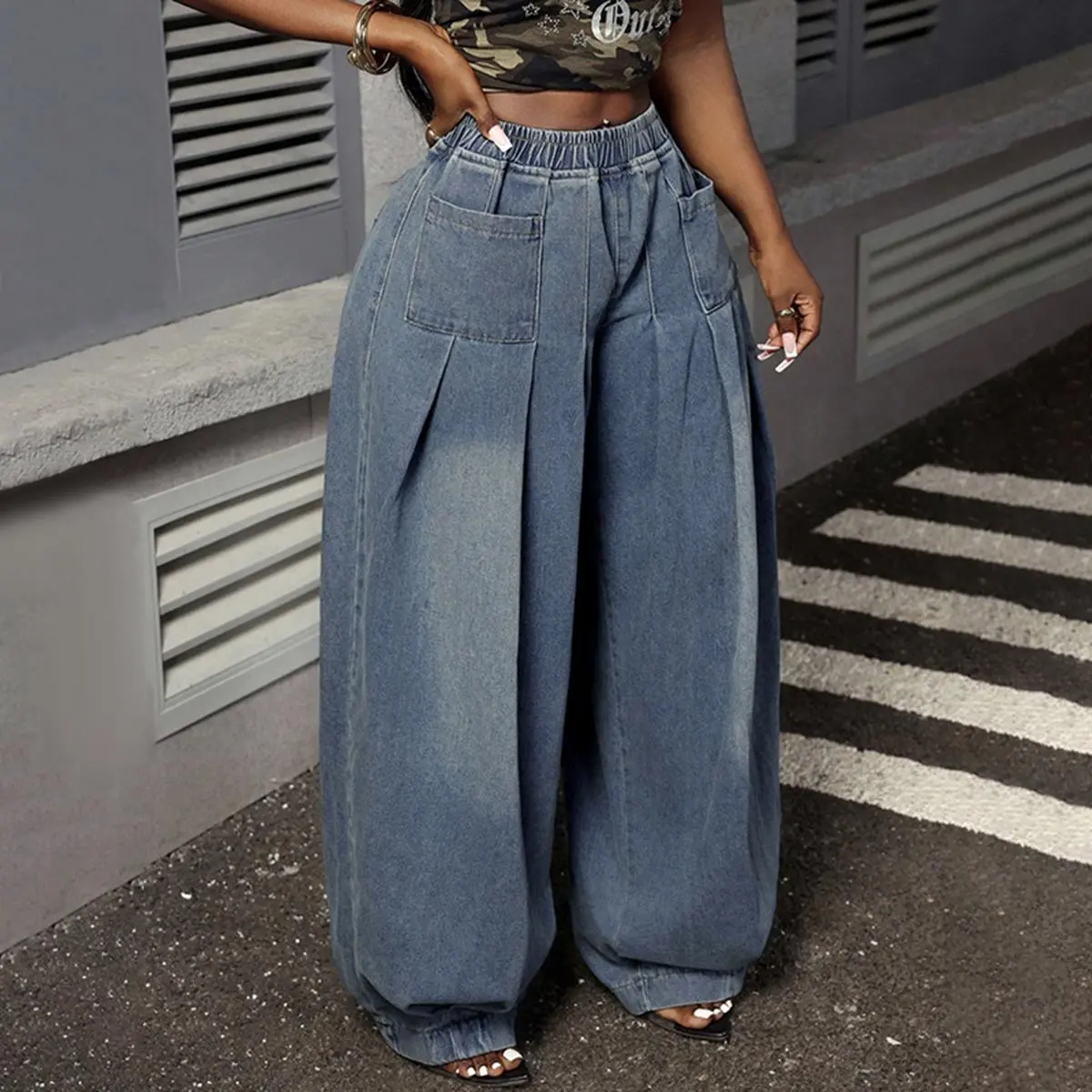 Women's Loose Elastic Waist Denim Pants – Solid Color Trousers with Pockets, Casual Stretch Jeans for Spring Autumn, Original Design Comfort Bottoms,clothes for back to school,first day of school outfits