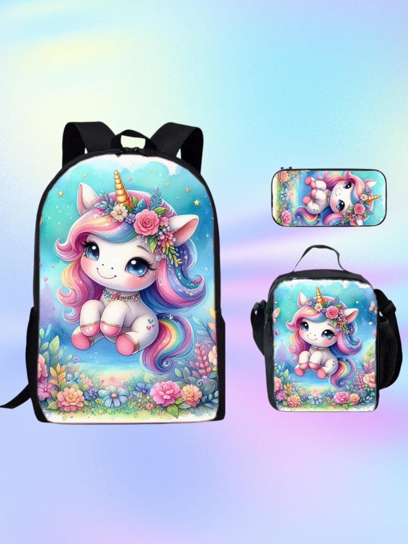 Unicorn Backpack Set for Girls, 3 Piece School Bag with Lunch Box and Pencil Case, Magical Princess Bookbag, Ideal Gift for Back to School