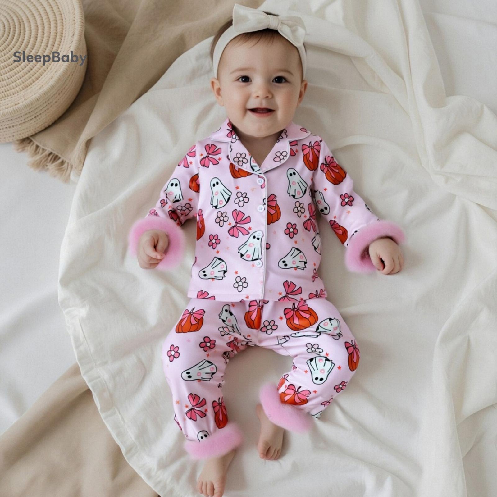 Halloween Cute Cartoon Ghost Pumpkin Print Kids Halloween Satin Pjs 2 Colors Pink Purple Fluffy Fur Cuff Lapel Long Sleeve Two Piece Toddler Girls Daily Holiday Matching Sleep Set
