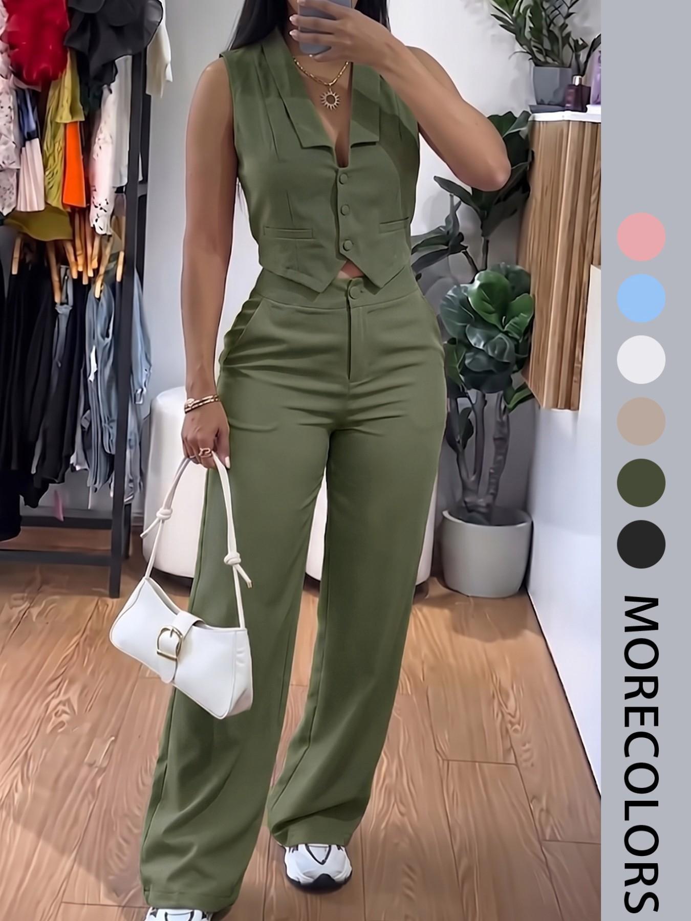 Women's Two-Piece Set, Sleeveless Waist-Cropped Vest and Wide-Leg Pants, Casual Loose-Fit Solid Pattern, All-Season Outer Vest