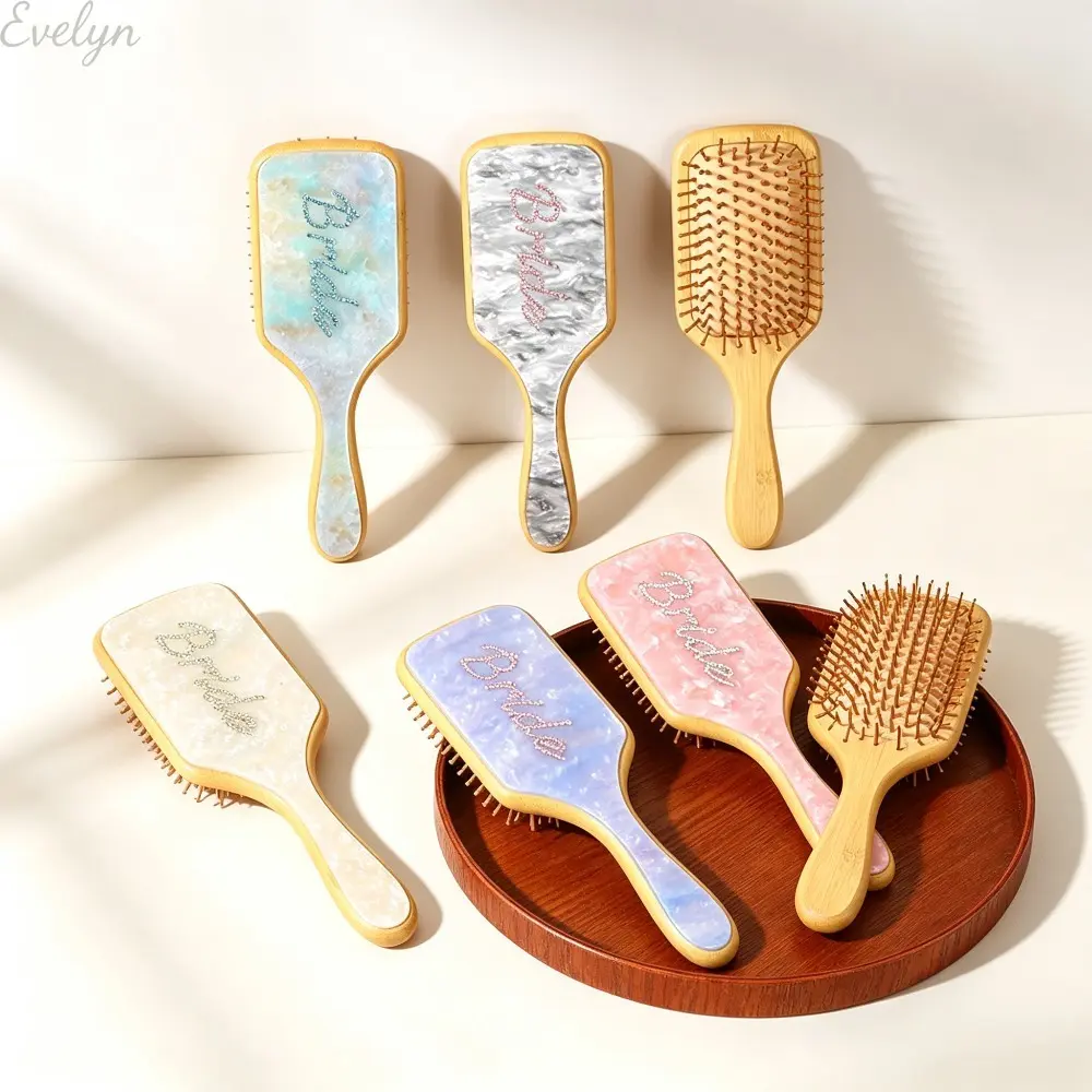 Bamboo Handle Paddle Hair Brush with Detangling Bristles, Scalp Massage Function, Printed Bride Letters, Pastel Marble Design - Bridal Shower Gift