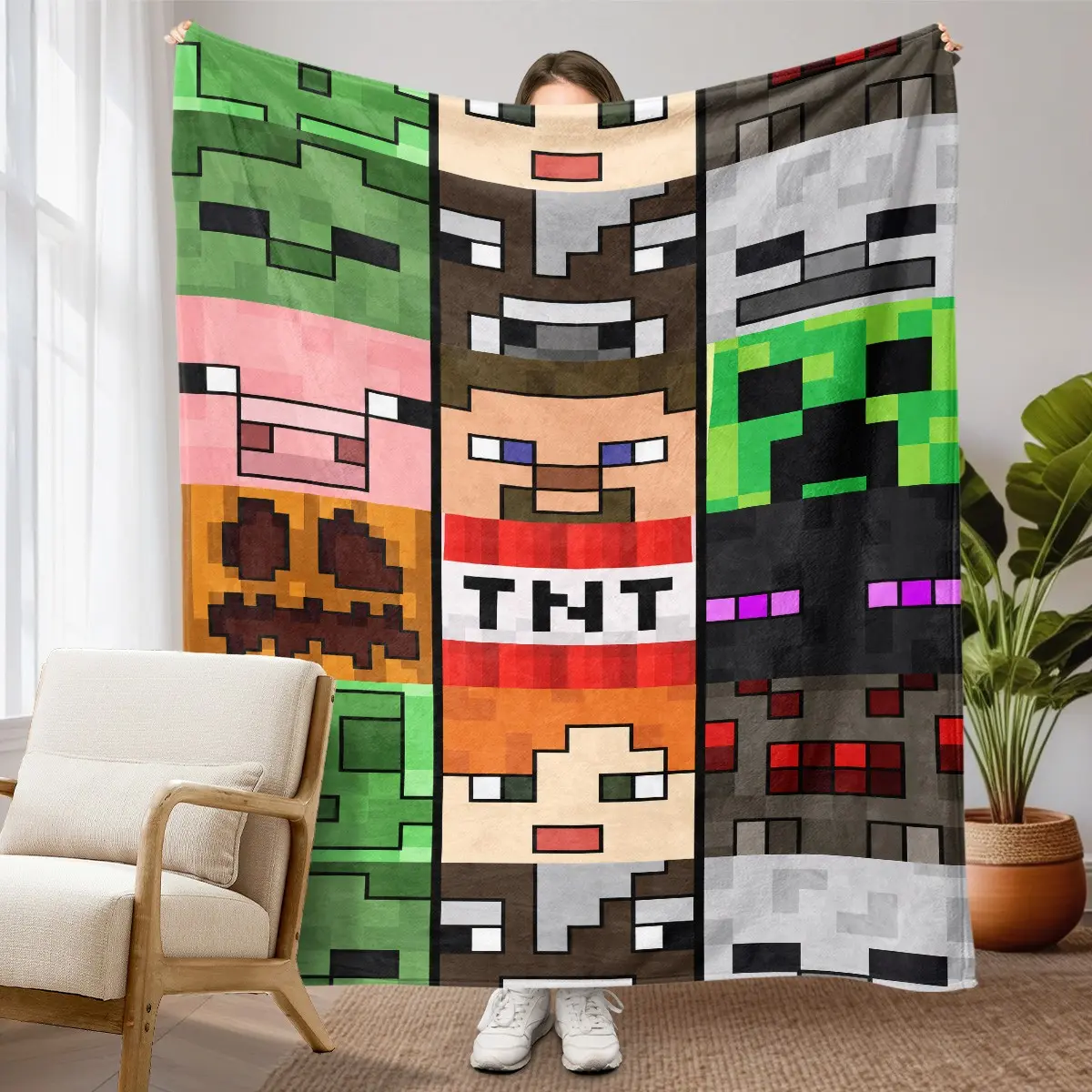 1PC Minecraft Pixel Characters Flannel Fleece Throw Blanket, Classic Pixel Game Style, Block Characters, TNT And Monster Heads Collage Print. Soft Warm Blanket for Sofa Bed Office Camping, Christmas Gift for Game Fans