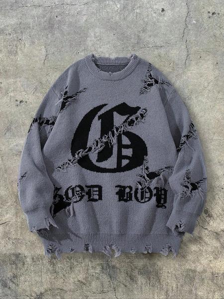 Men's & Women's Street Gothic Letter Print Sweater, Casual Loose-Fit Knitted Pullover, Round Neck Long Sleeve Drop Shoulder Top, Knitwear