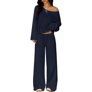 Matching Lounge Sets For Women Vacation Airport Fall Outfits Off Shoulder Sweatshirt Wide Leg Sweatpant Set