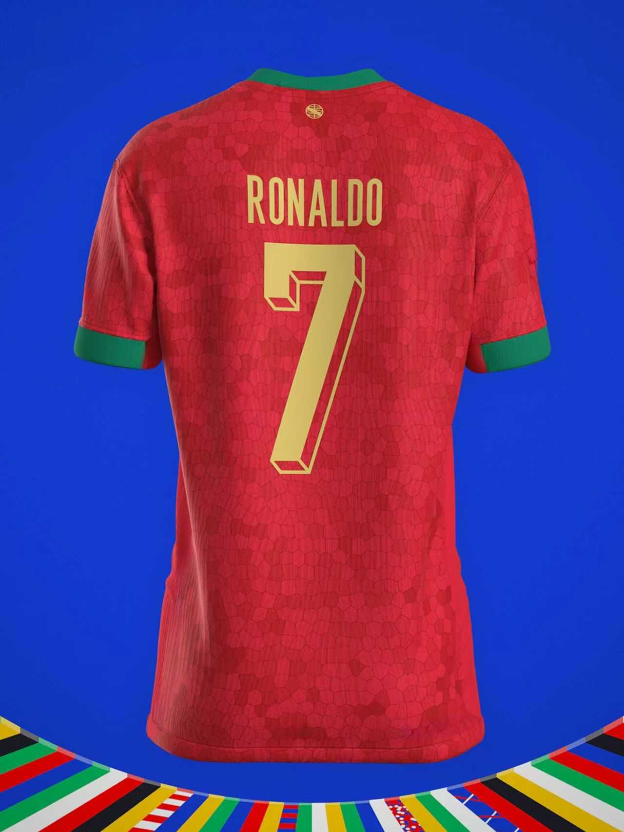 Ronaldo #7 Portugal National Team Red Home Soccer Jersey Gold Number Green Trim Textured Pattern Breathable Quick Dry Short Sleeve for Ronaldo Fans, Portugal Supporters, Football Collectors & Streetwear Enthusiasts