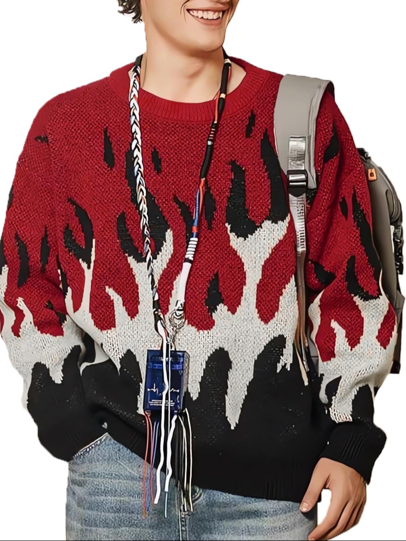 ZAFUL Men's Fall Winter Flame Pattern High Stretch Crew Neck Long Sleeve Sweater Ribbed Sweater Tops, Casual Loose Fit Knitwear for Men, Comfortable Daily Wear