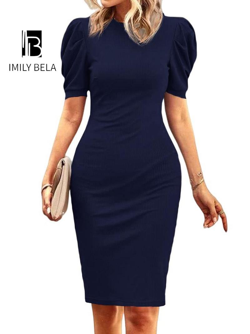 Women's Plain Puff Sleeve Dress, Elegant Fashion Casual Bodycon Dress for Work Office Business, Ladies Dress for All Seasons Formal Wear