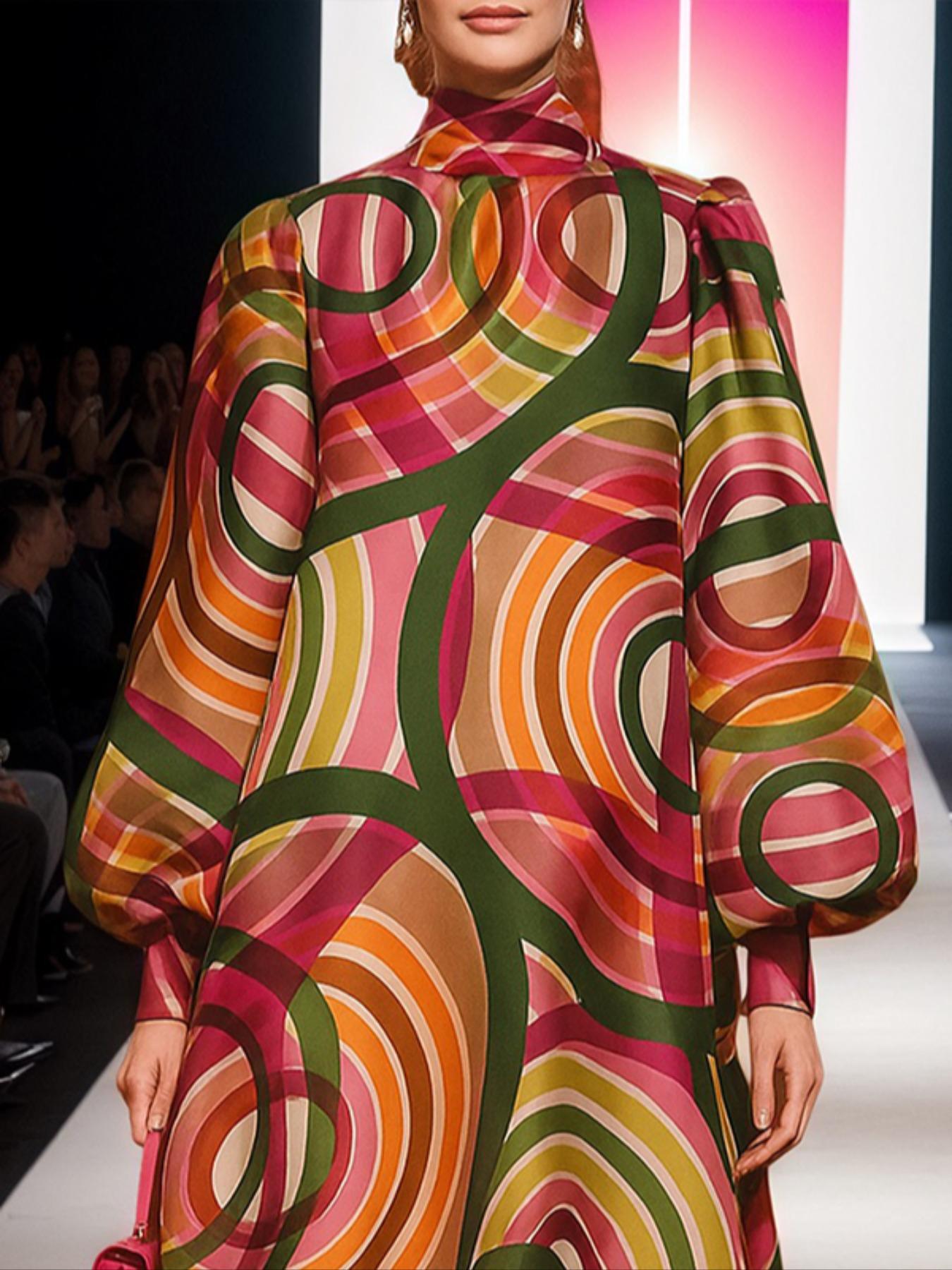 Women's Elegant A-Line Long Sleeve Colorblock High Neck Halter Statement Dress, Fitted Woven Fabric, All Seasons Fashion