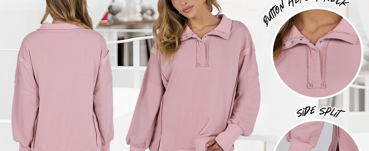 ANRABESS Women's Sweatshirts Oversized Casual Loose Button Up Henley Pullover Top High Low Split Fall Fashion Outfits