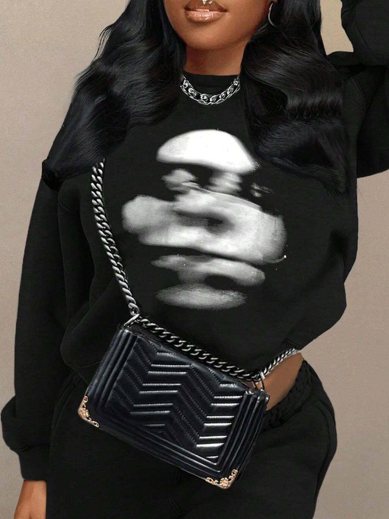 Women's Figure Print Drop Shoulder Sweatshirt, Casual Long Sleeve Round Neck Pullover for Fall & Winter, Women's Clothes for Daily Wear