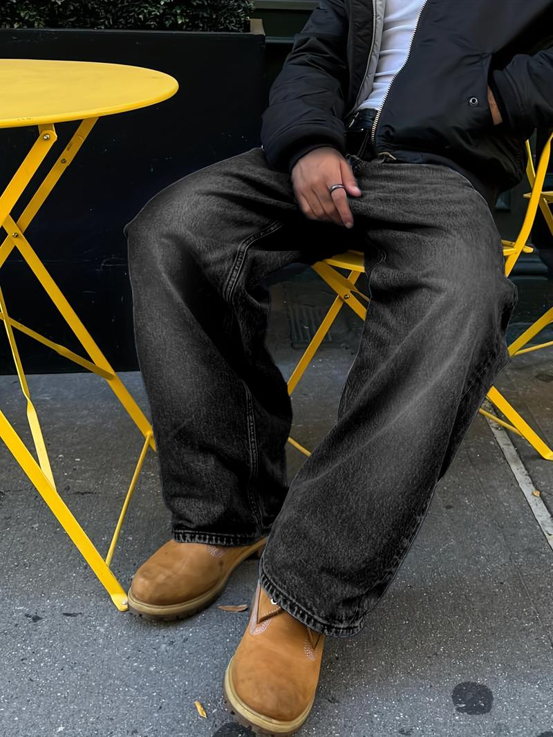 Men's New Fashion Regular Fit Jeans, Casual All-Season Washed Denim Long Pants, Classic Style, Zipper Fly, Plain Pattern