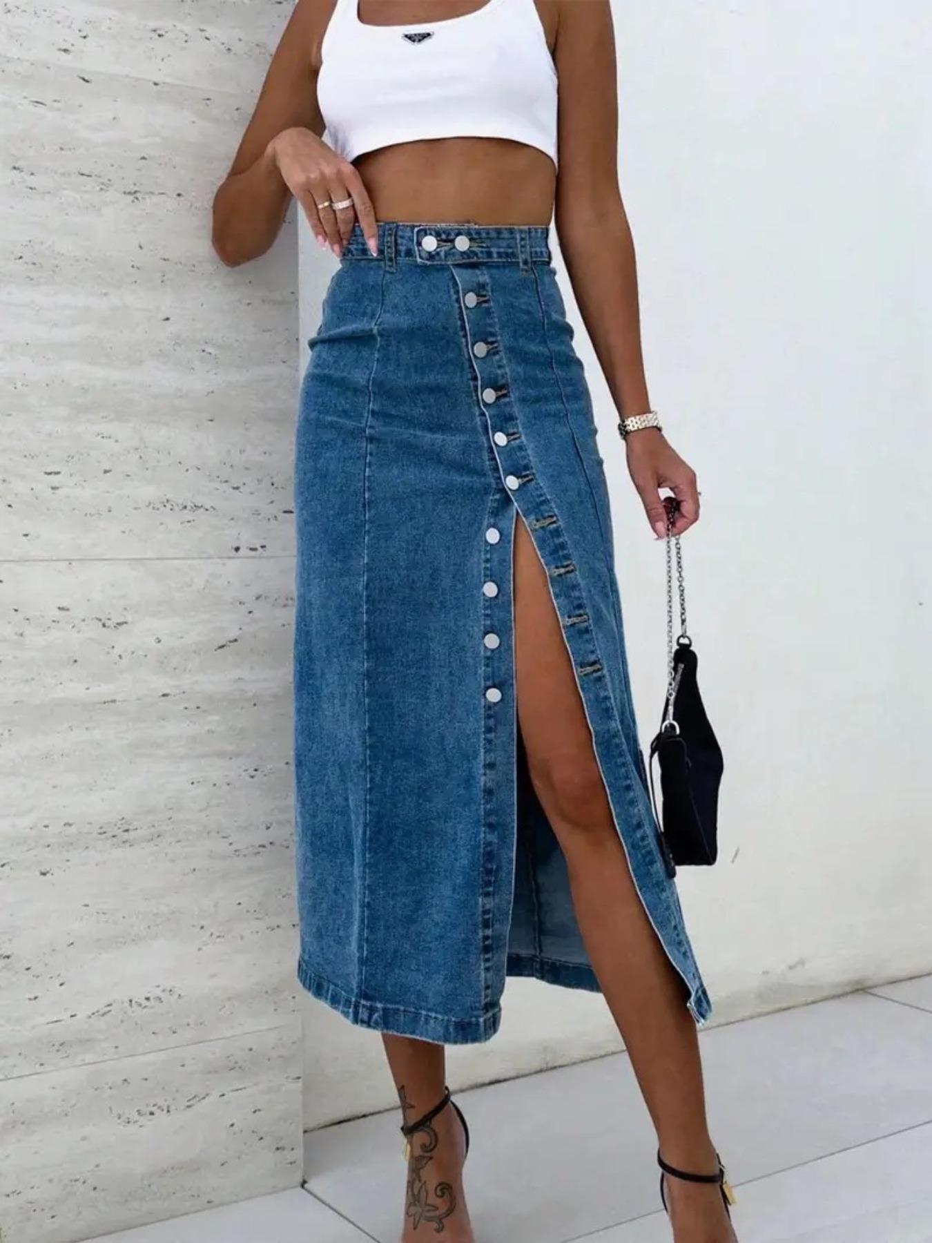 Elastic Washed Casual Fitted Button Fly Denim Midi Skirt for Women, All Seasons Wearable, Perfect for Dating and Daily