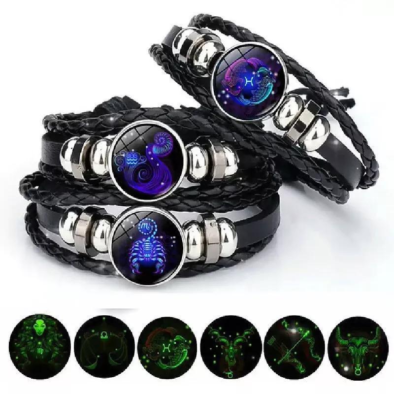 Luminous 12 Zodiac Constellation Sign Braided Couples Leather Bracelet For men Black Rope Charm Party Grow in the dark Jewelry